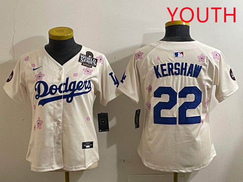 Youth Los Angeles Dodgers #22 Kershaw Cream Sakura Edition 2025 Nike MLB Jersey style 7